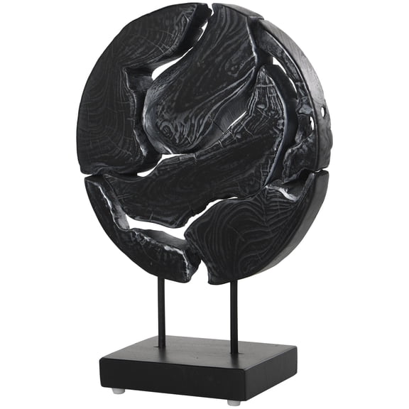 14" x 19" Black Teak Wood Circular Cutout Abstract Sculpture with Natural Wood Grain Patterns and Black Base, by DecMode
