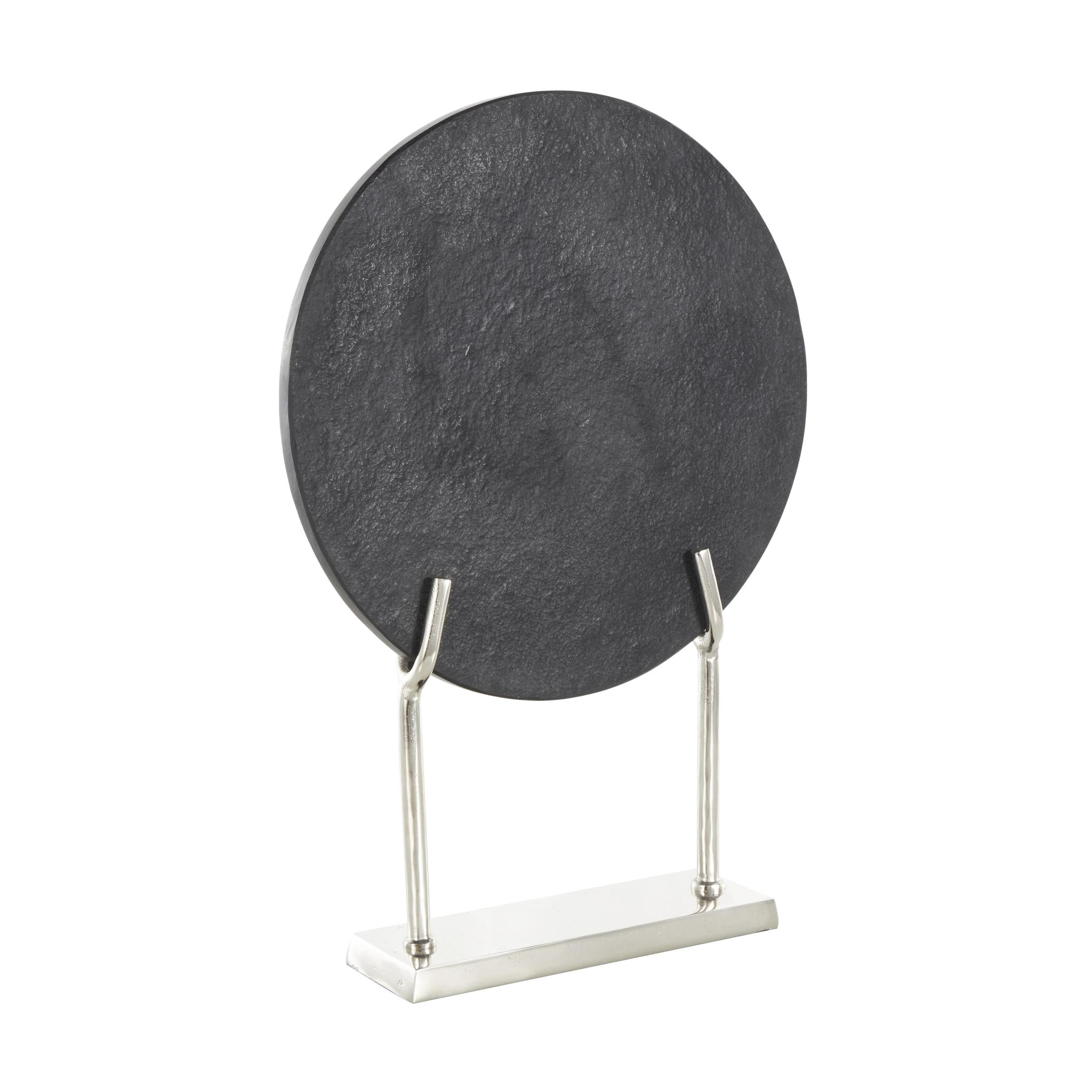 14" x 20" Black Marble Textured Disk Abstract Sculpture with Silver Stand, by DecMode