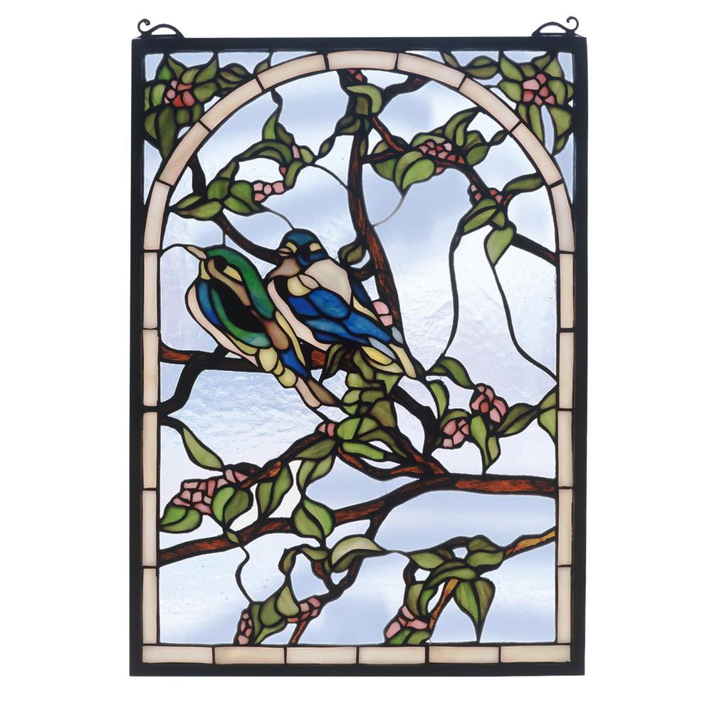 Lovebirds Stained Glass Window Panel with Floral Design