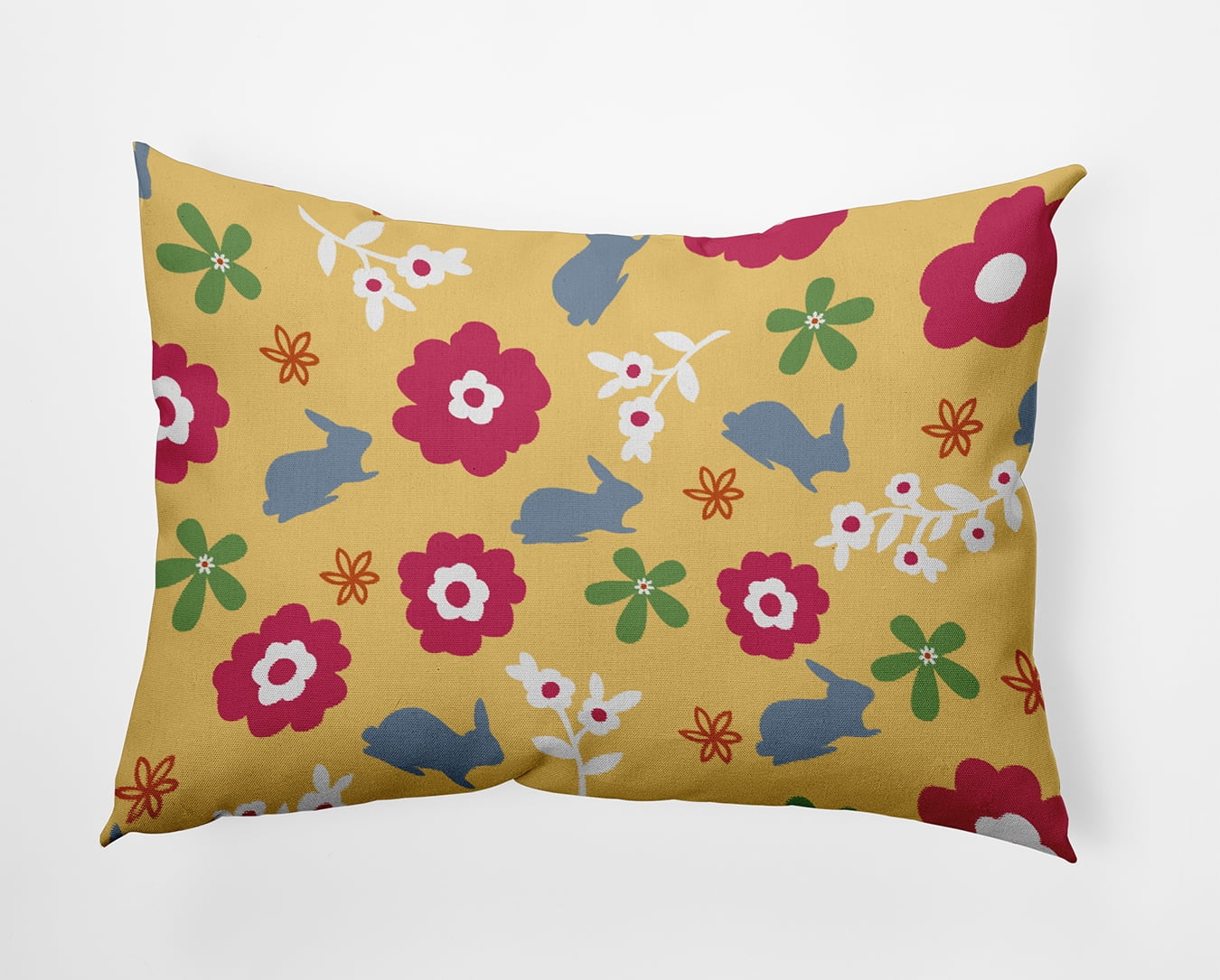14" x 20" Simply Daisy Flowery Love Bunnies Easter Indoor/Outdoor Pillow, Daffodil Yellow-Blue Qty 1