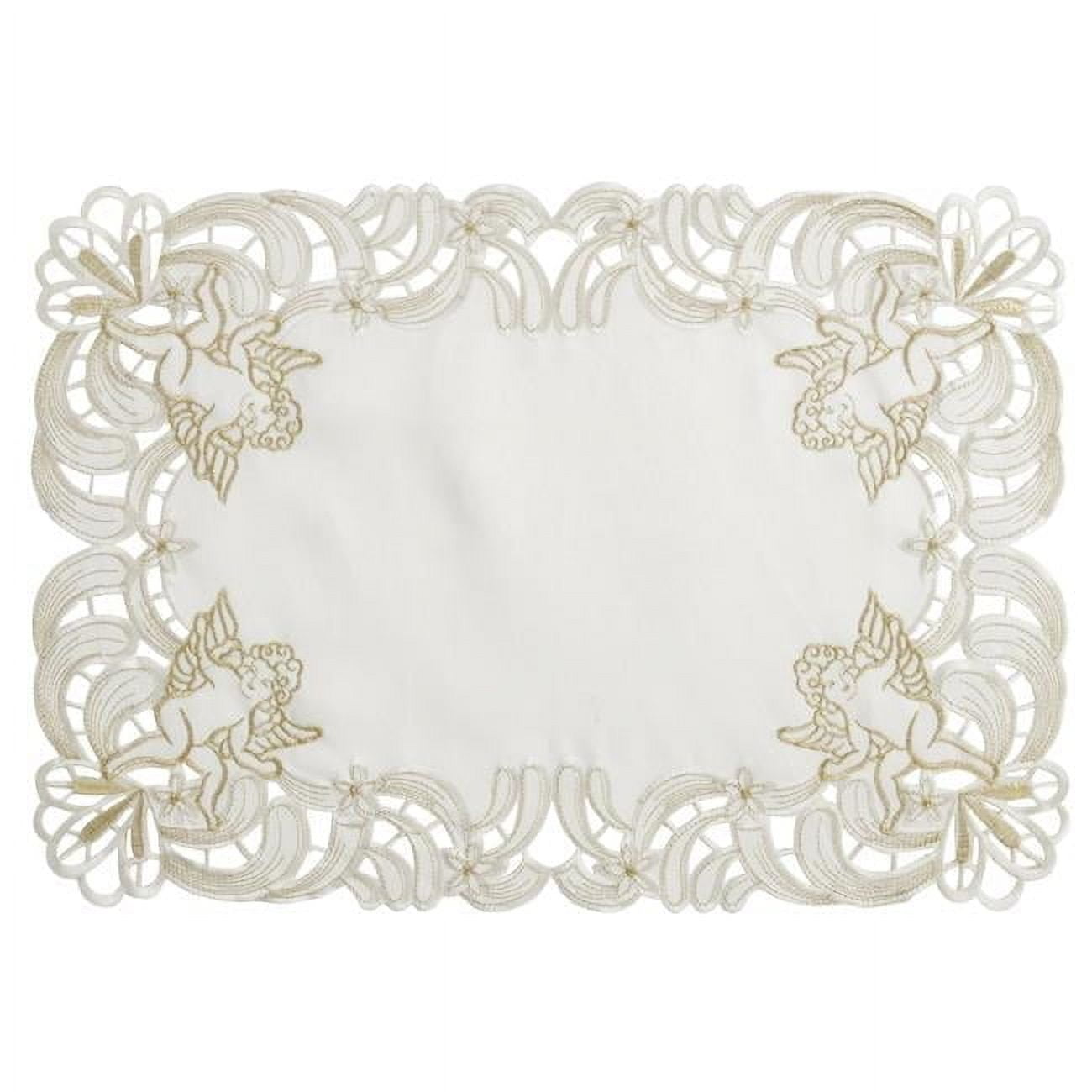 Ivory Embroidered Cupid Design Polyester Placemats, 14 x 20 Inch, Set of 4