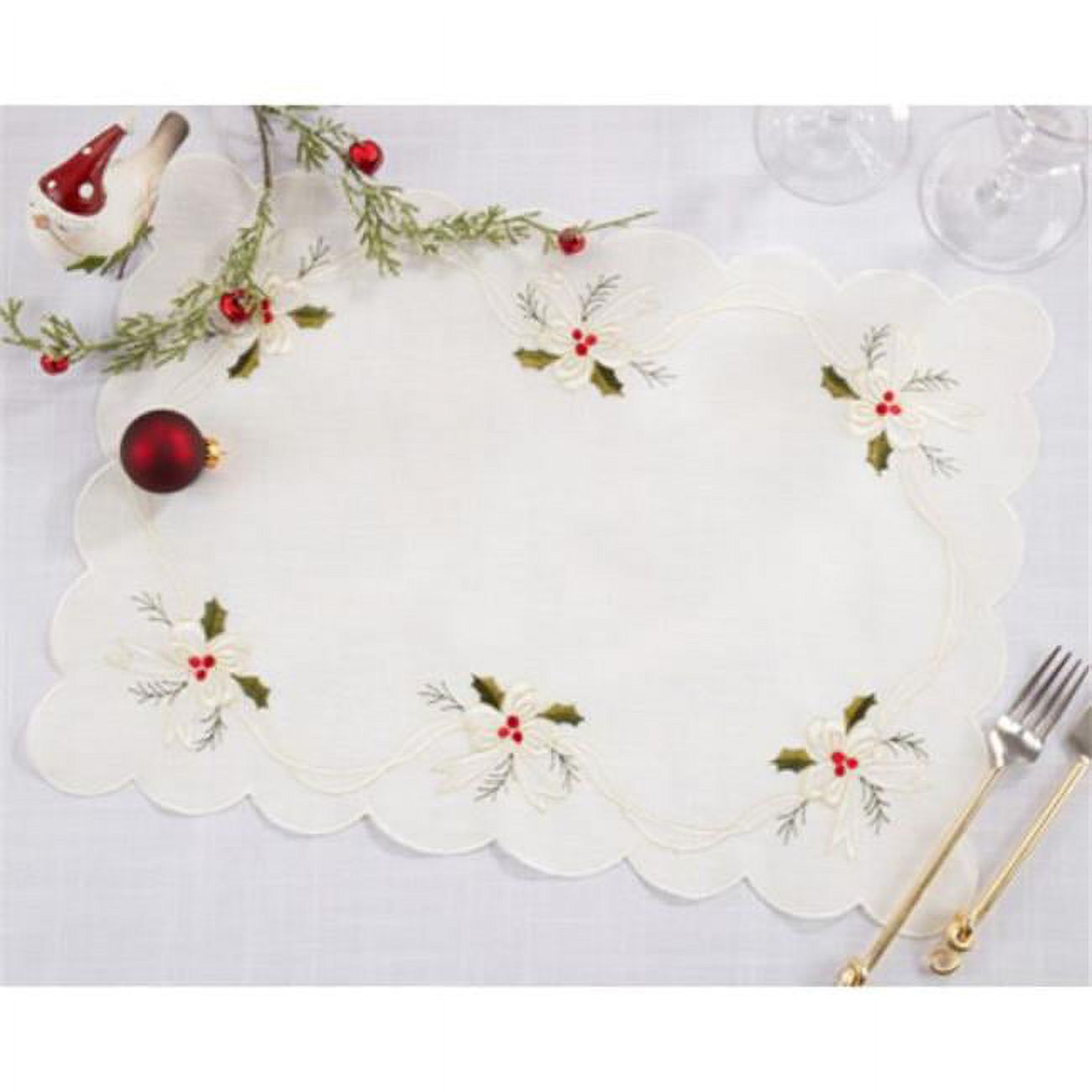 14 x 20 in. Embroidered Holly & Ribbon Placemats, White - Set of 4 ...