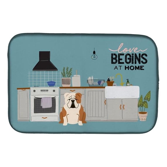 14 x 21 in. Fawn White English Bulldog Kitchen Scene Dish Drying Mat