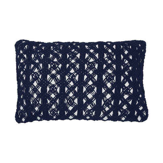 Clyde Boho Dark Blue Macrame Cotton Accent Pillow, 14" x 22"