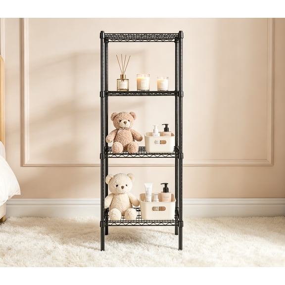 14" x 24" Black Epoxy 4-Shelf Kit with 54" Posts and 4" Casters, Commercial Storage Rack Unit, Heavy Duty Storage Shelving, Mobile Wire Shelving Kit, Adjustable Rack Strong Steel