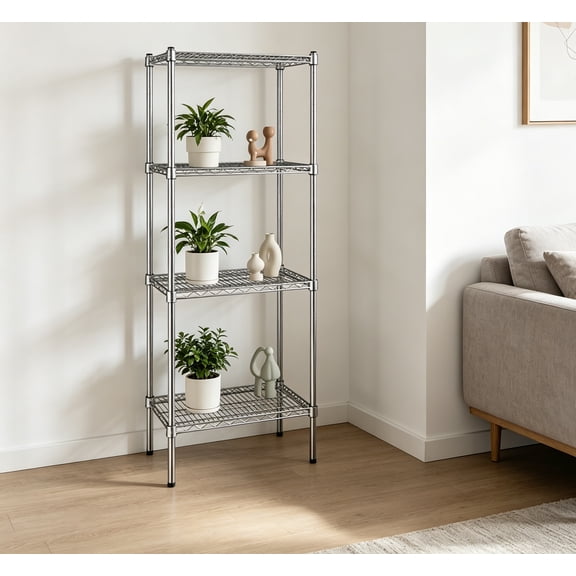 14" x 24"  Chrome 4-Shelf Kit with 54" Posts and 4" Casters, Commercial Storage Rack Unit, Heavy Duty Storage Shelving, Mobile Wire Shelving Kit, Adjustable Rack Strong Steel