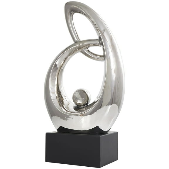 14" x 25" Silver Ceramic Looped Abstract Sculpture with Black Block Base, by DecMode