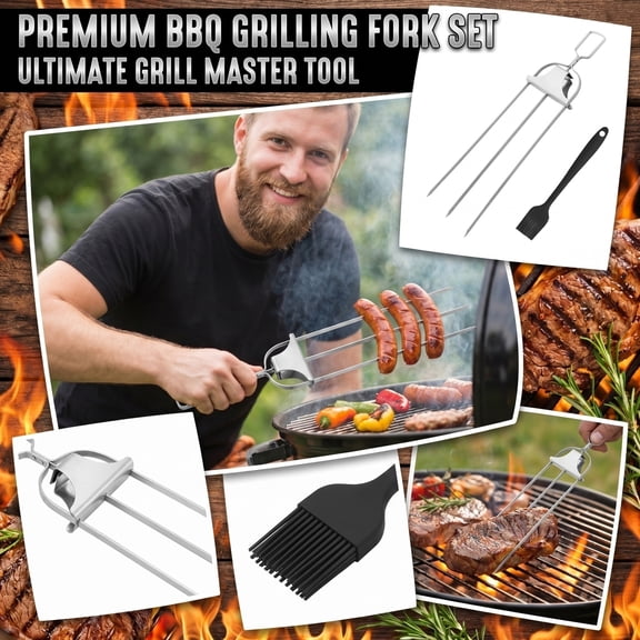 14 x 3.66 x 0.98 Inch Stainless Steel BBQ Fork, Chicken and Vegetable Skewer Needle with Oil Brush, Outdoor Grilling Kabob Tool, BBQ Fork for Cooks