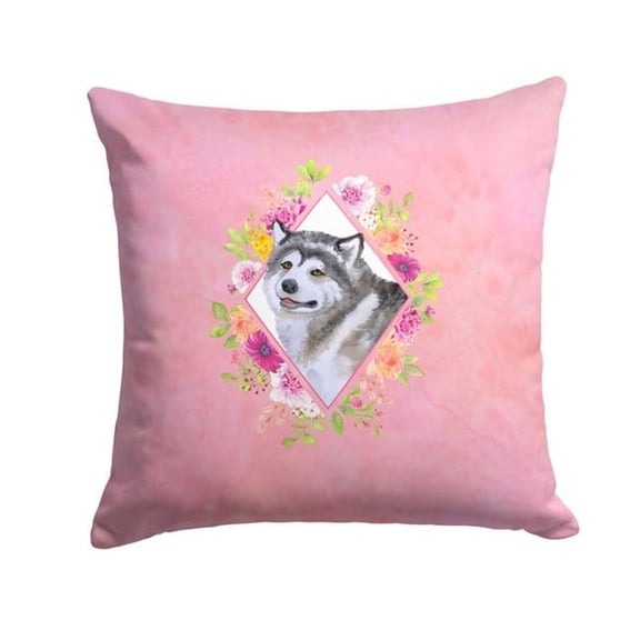 14 x 3 x 14 in. Alaskan Malamute Pink Flowers Fabric Decorative Pillow