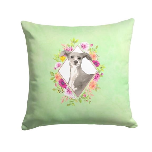 14 x 3 x 14 in. Italian Greyhound Green Flowers Fabric Decorative Pillow