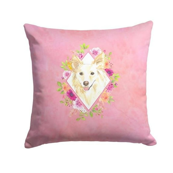 14 x 3 x 14 in. White Collie Pink Flowers Fabric Decorative Pillow