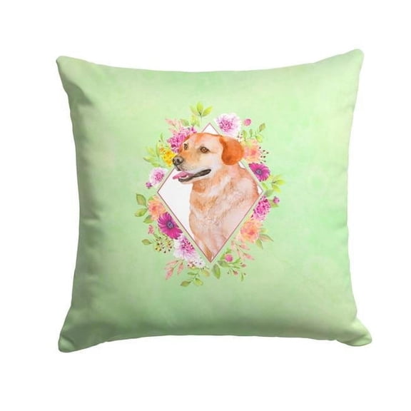 14 x 3 x 14 in. Yellow Labrador Retriever Green Flowers Fabric Decorative Pillow