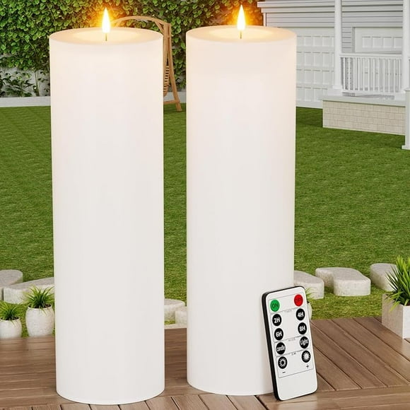 14" x 4" Large Outdoor Candle with Timer Waterproof Flickering LED Flameless Candle Battery Operated with Remote Fake Pillar Candle Realistic for Patio Porch Lantern, Ivory 1 Pack Only one item per