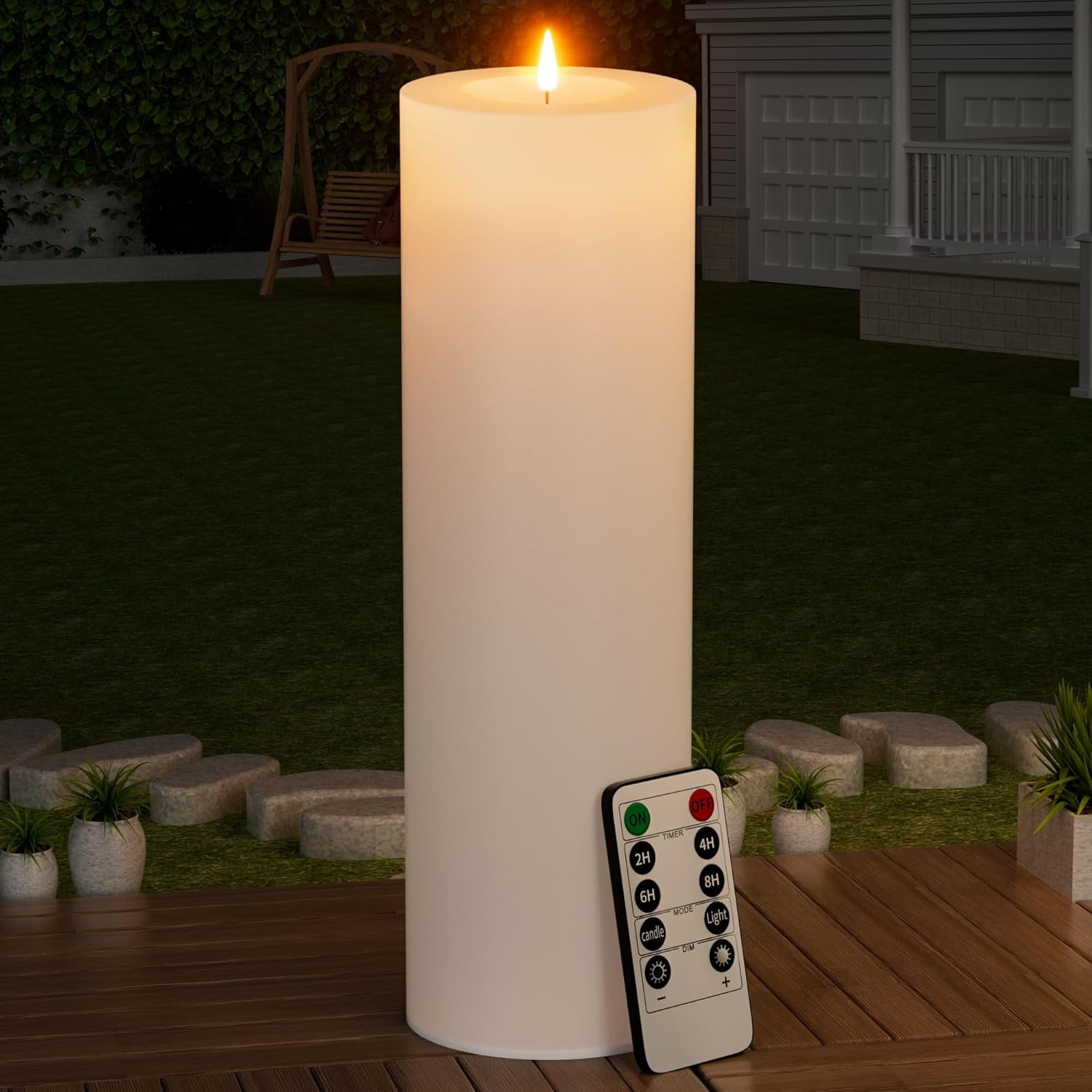 14" x 4" Large Outdoor Candle with Timer Waterproof Flickering LED Flameless Candle Battery Operated with Remote Fake Pillar Candle Realistic for Patio Porch Lantern, White 1 Pack