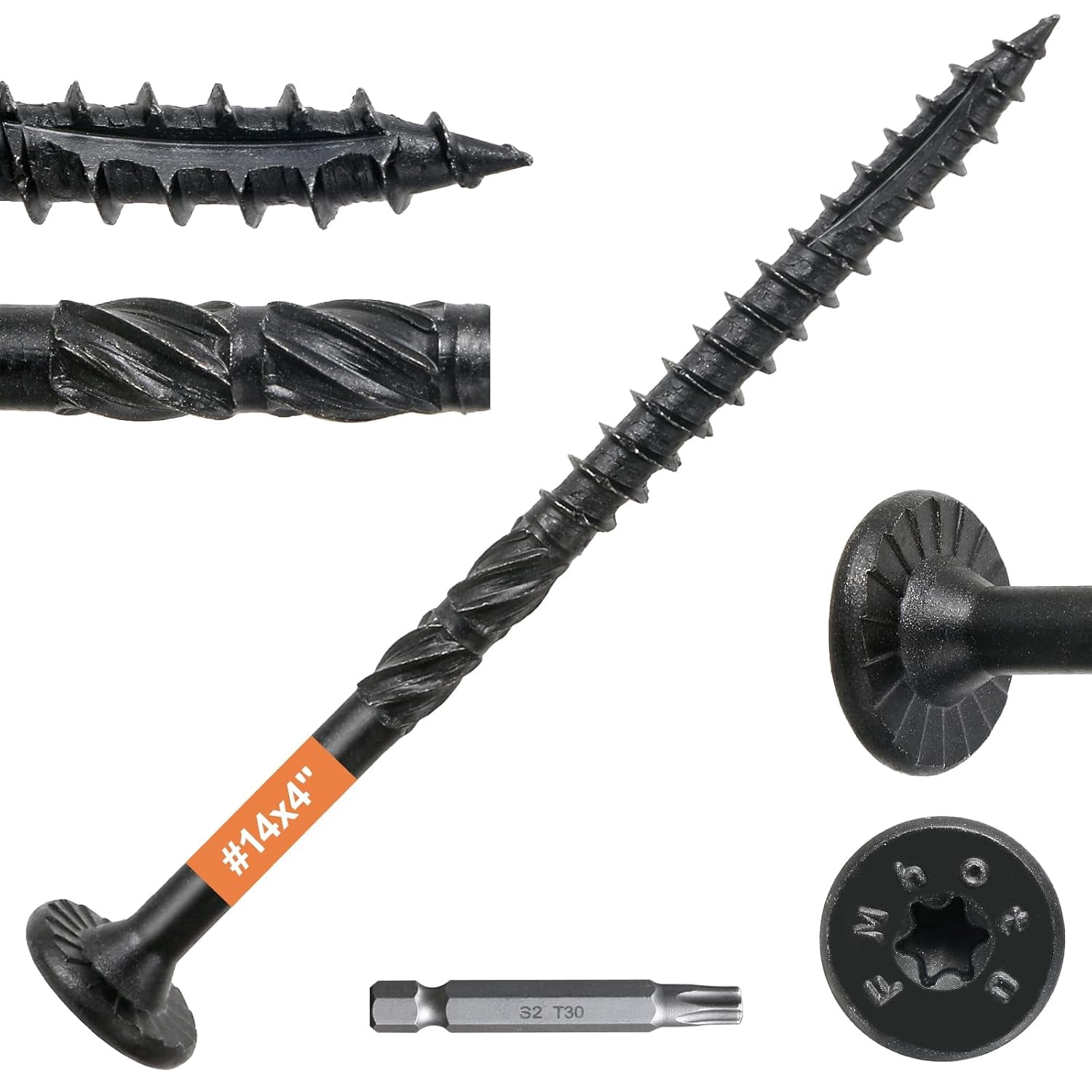 50-Pack 4" Heavy-Duty Black Wood Screws – #14 Torx Drive, Modified Truss Head, Rust-Proof Coating, Star Bit Included – For Decks, Frames, Fencing & Landscaping