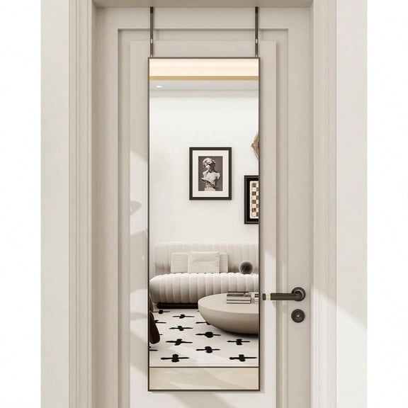 14 x 48 Adjustable Height Over The Door Mirror Rectangular Full Length Hanging Door Mirror with Shatterproof Tempered Glass Aluminum Alloy Frame for Dormitory Black