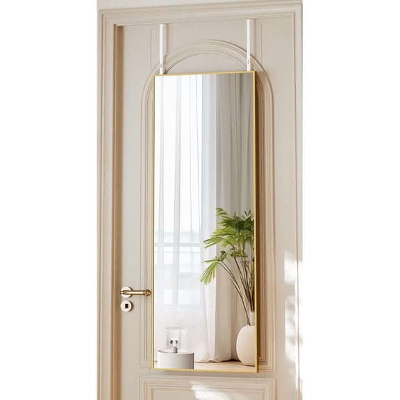 14" W x 48" H Adjustable Over The Door Mirror Rectangular Full Length Shatterproof Tempered Glass Gold Metal Frame