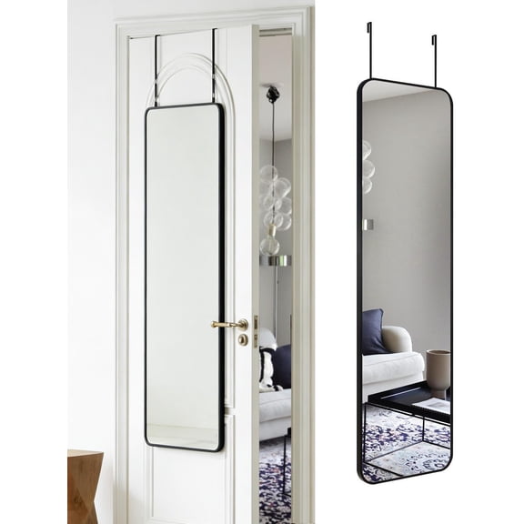 14" x 48" Full Length Over The Door Mirror with Aluminum Alloy Frame and Height-Adjustable Hangers Black