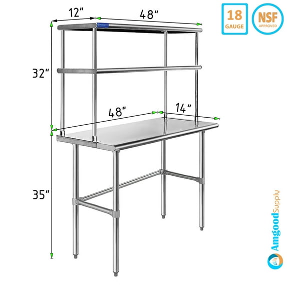 14" x 48" Stainless Steel Open Base Table With 12" Wide Double Tier Overshelf | Metal Kitchen Prep Table & Shelving Combo