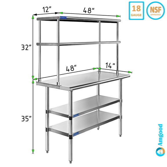 14" x 48" Stainless Steel Work Table With Two Shelves | 12" Wide Double Tier Overshelf | Metal Kitchen Prep Table & Shelving Combo
