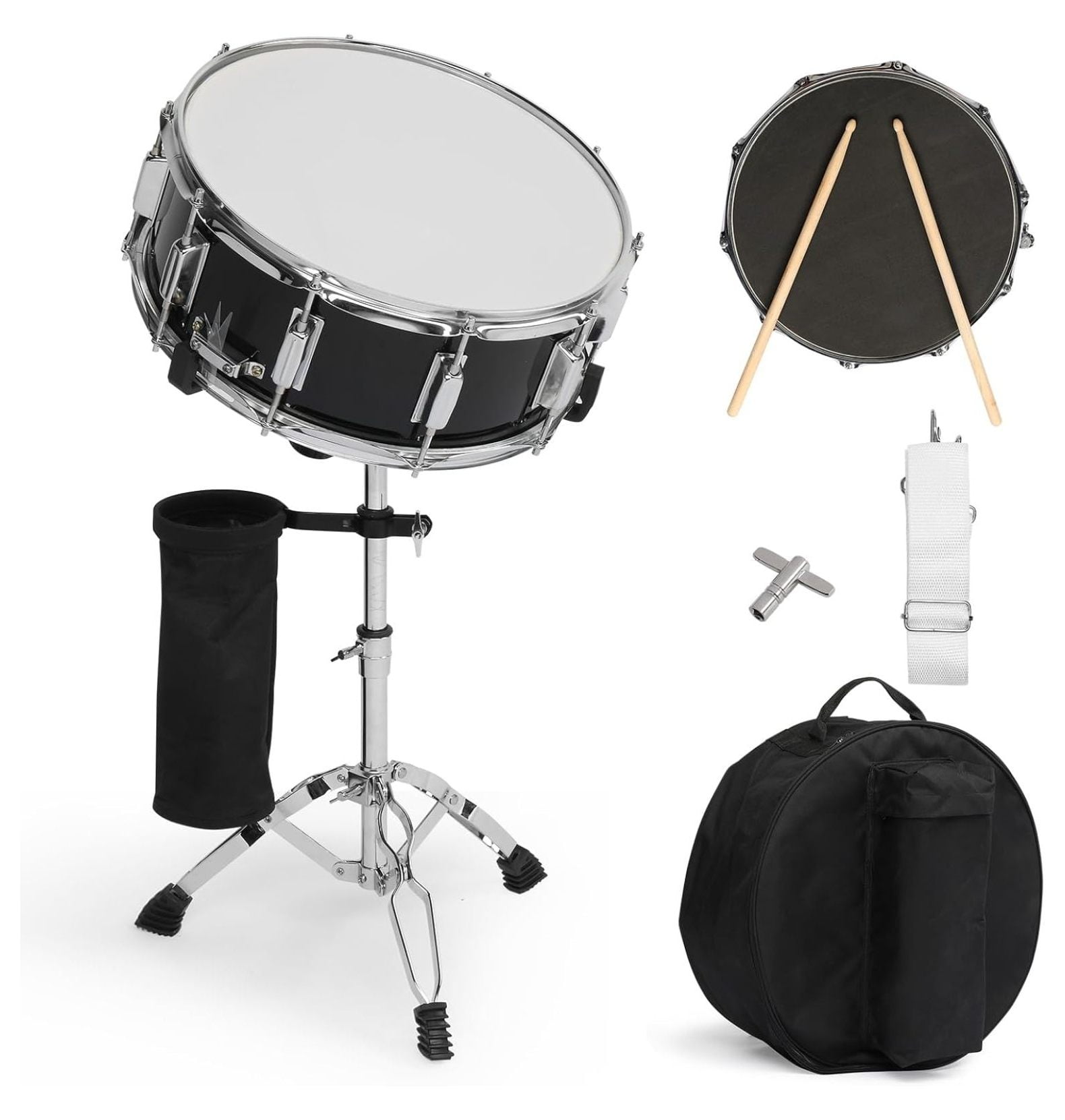 14 x 5.5 inches Snare Drum Set, Marching Snare Drum Kit for Students Beginners, Comes with Stand Sticks, Key, Bag, Mute Pad and Adjustable Straps (Black)