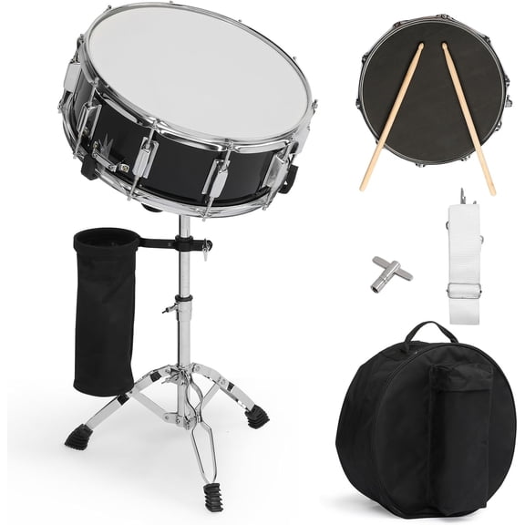 14 x 5.5 inches Snare Drum Set, Marching Snare Drum Kit for Students Beginners, Comes with Stand Sticks, Key, Bag, Mute Pad and Adjustable Straps (Black)