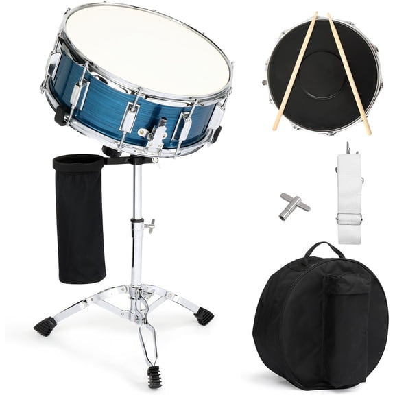 14 x 5.5 inches Snare Drum Set, Marching Snare Drum Kit for Students Beginners, Comes with Stand Sticks, Key, Bag, Mute Pad and Adjustable Straps (Blue)