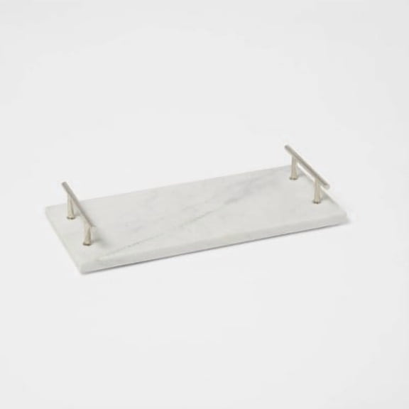 14" x 6" Marble Serving Tray with Metal Handles White
