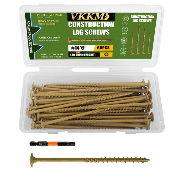 #14 x 6" Structural Wood Screws, 60Pcs Heavy Duty Exterior Lag Screws for Decks & Framing, Torx Star Drive with Bit Included