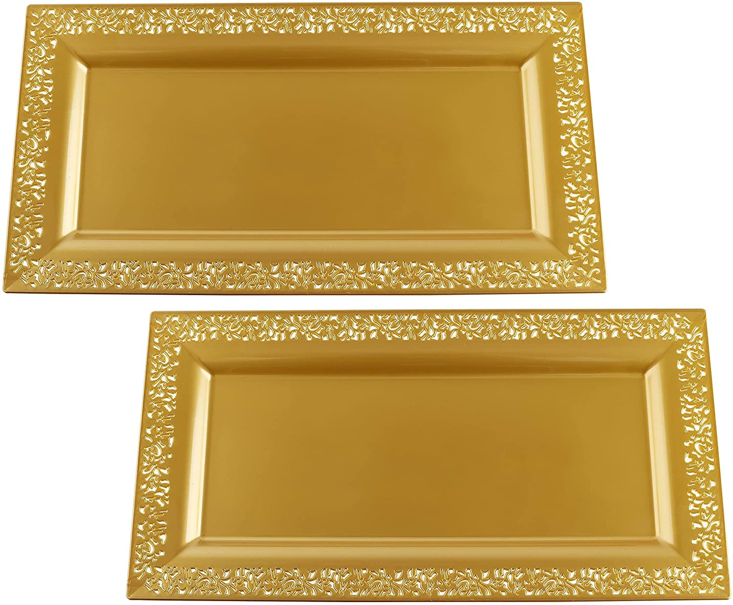 14" x 7.5" Gold Lace Rim Plastic Serving Tray & Platter | Heavy Duty Disposable Decorative Party Platters for Upscale Parties, Dessert Table, Cupcake, Weddings, Brunch,   ( 2 pk )