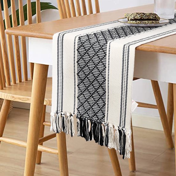 14 x 70 inch, boho style table flag with fringe, woven washable, fringed tablecloth - black