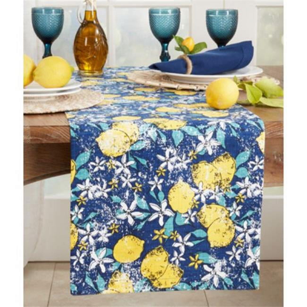 Navy Blue Cotton Lemon Design Table Runner 14 x 72 in