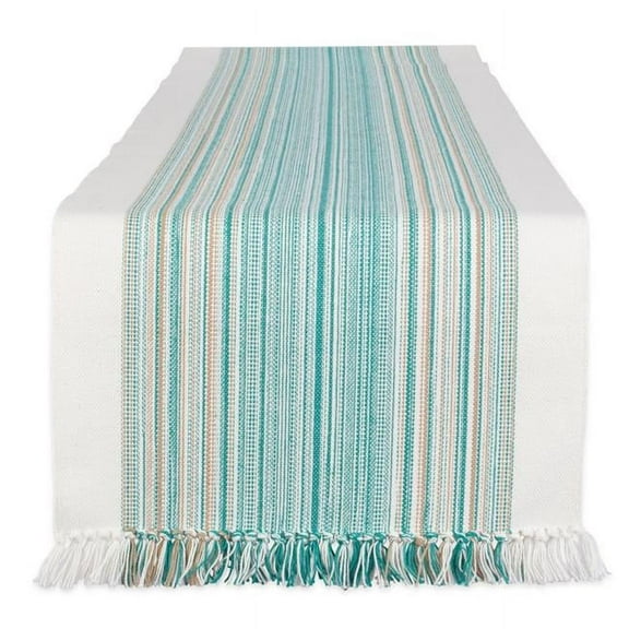 14 x 72 in. Teal Blue Striped Fringed Table Runner
