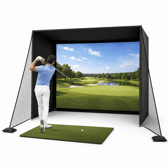 14 x 8 ft Golf Simulator Enclosure Kit with HD Impact Screen, Foam-Padded Metal Frame, Side Nets and Top Protection, Indoor Garage Golf Hitting Cage for Home Golf Training