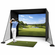 14 x 8 ft Golf Simulator Enclosure Kit with HD Impact Screen, Foam-Padded Metal Frame, Side Nets and Top Protection, Indoor Garage Golf Hitting Cage for Home Golf Training