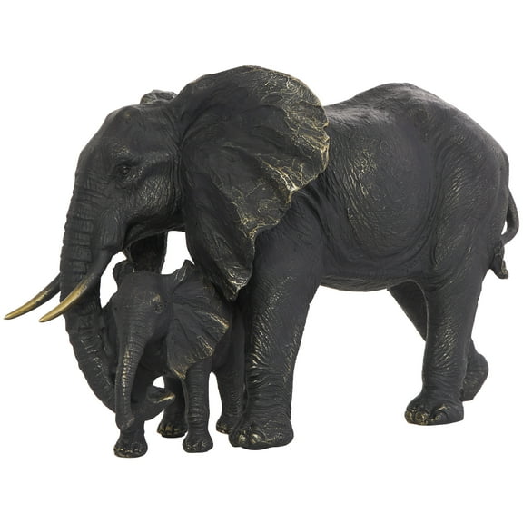 14" x 9" Bronze Polystone Family Elephant Sculpture with Gold Foil Accents, by DecMode