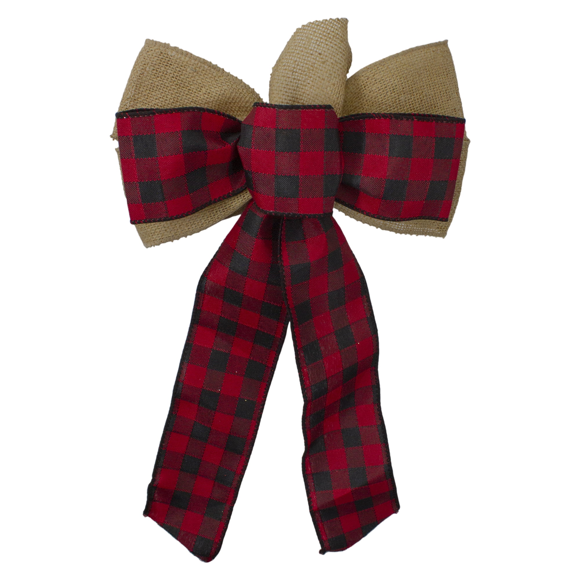 Northlight Burlap and Buffalo Plaid 6-Loop Christmas Bow Decoration - 9" x 14"