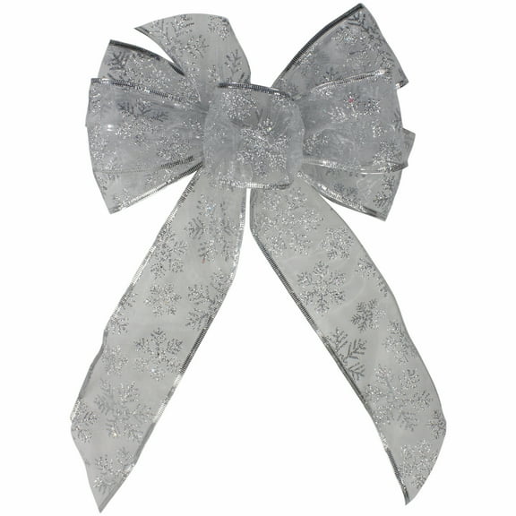 Northlight Glitter Snowflake 6-Loop Sheer Christmas Bow Decoration - 9" x 14" - Silver