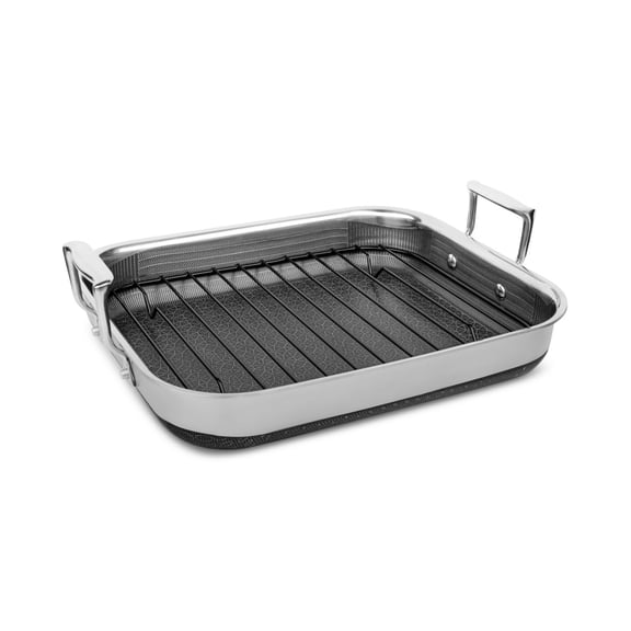 14"x12" Hybrid Nonstick Stainless Steel Roasting Pan with Rack Diamond-Etched Surface, Tri-Ply Even-Heating Core