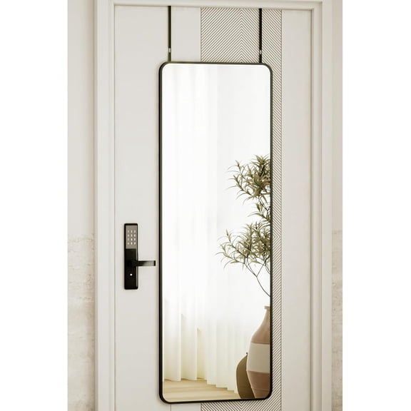 14"x48" Full Length Over The Door Mirror - Aluminum Alloy Frame Full Body Mirror with Height-Adjustable Hangers, Hanging Leaning Against Wall for Dorm, Black