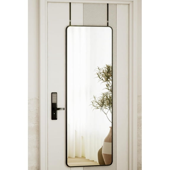 14"x48" Full Length Over The Door Mirror -  Alloy Frame Full  Mirror with Height-Adjustable Hangers,  Leaning Against Wall for Dorm, Black