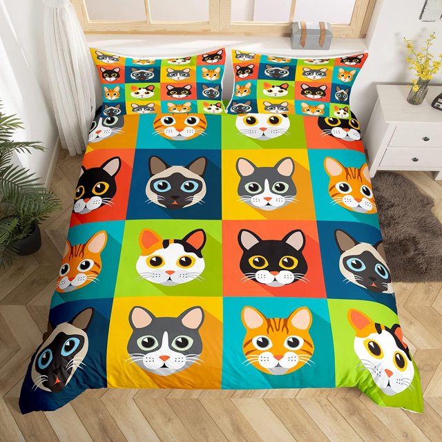 140*200cmCartoon Cat Plaid Print Bedding Queen Size Bed Cute Pet Cat