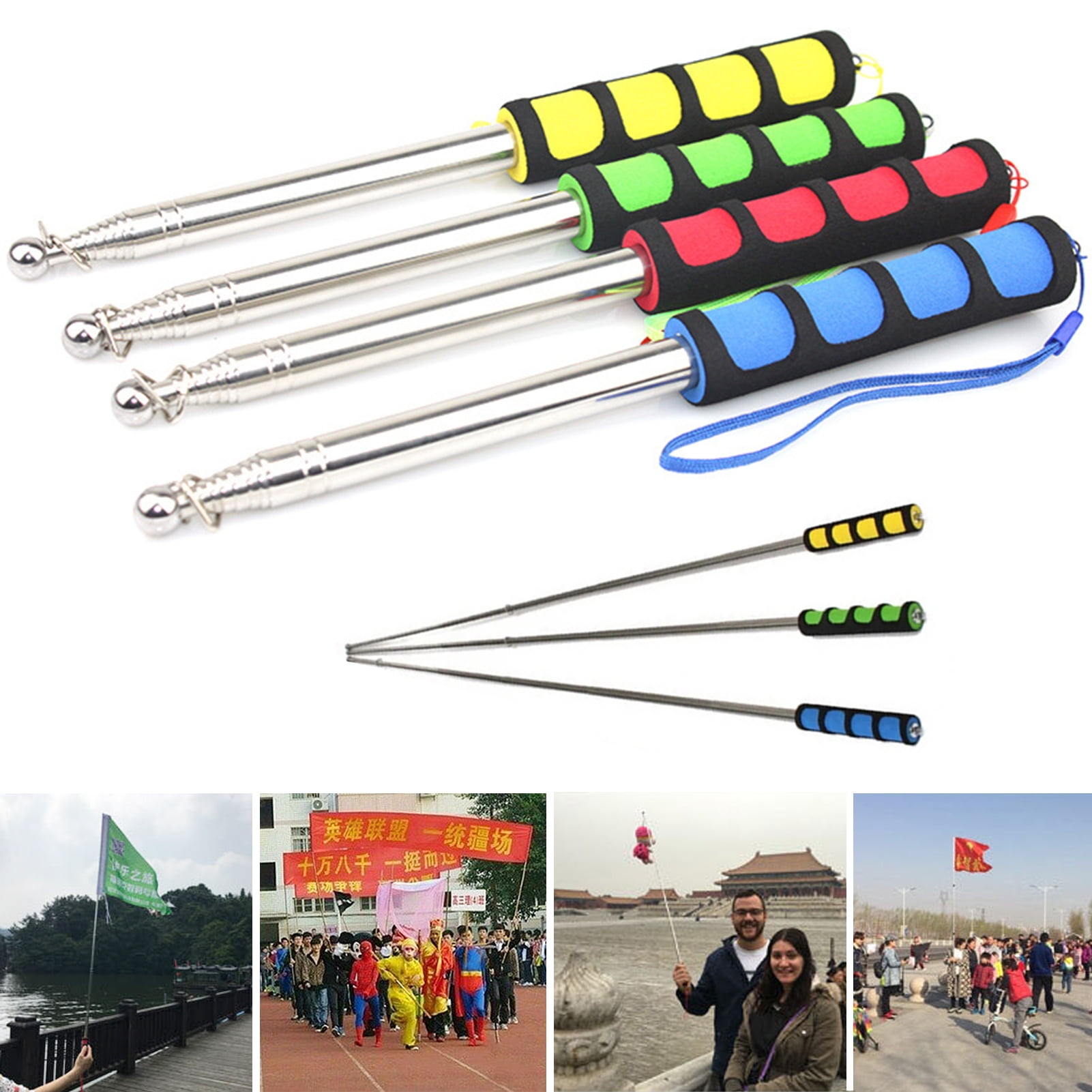 Banner Handle 140/200cm Flag Pole with Lanyard Multi-section Non-slip Handle ...