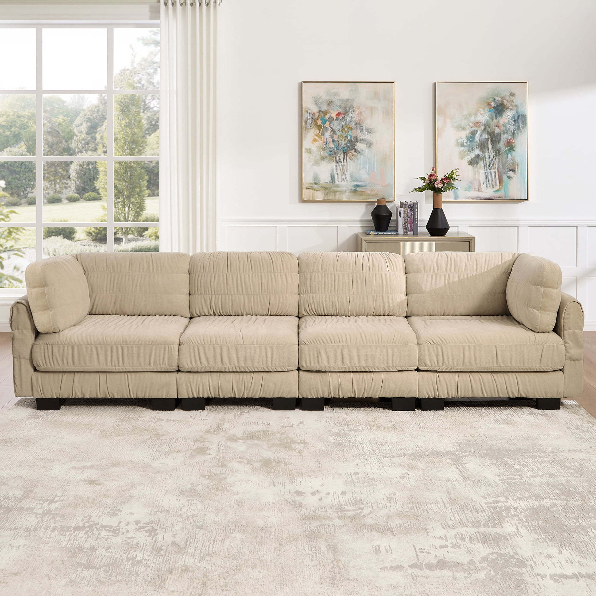 140" 4 Seat Ruched Chenille Modular Sectional Sofa with L Shape Back Cushions,Easy Assembly