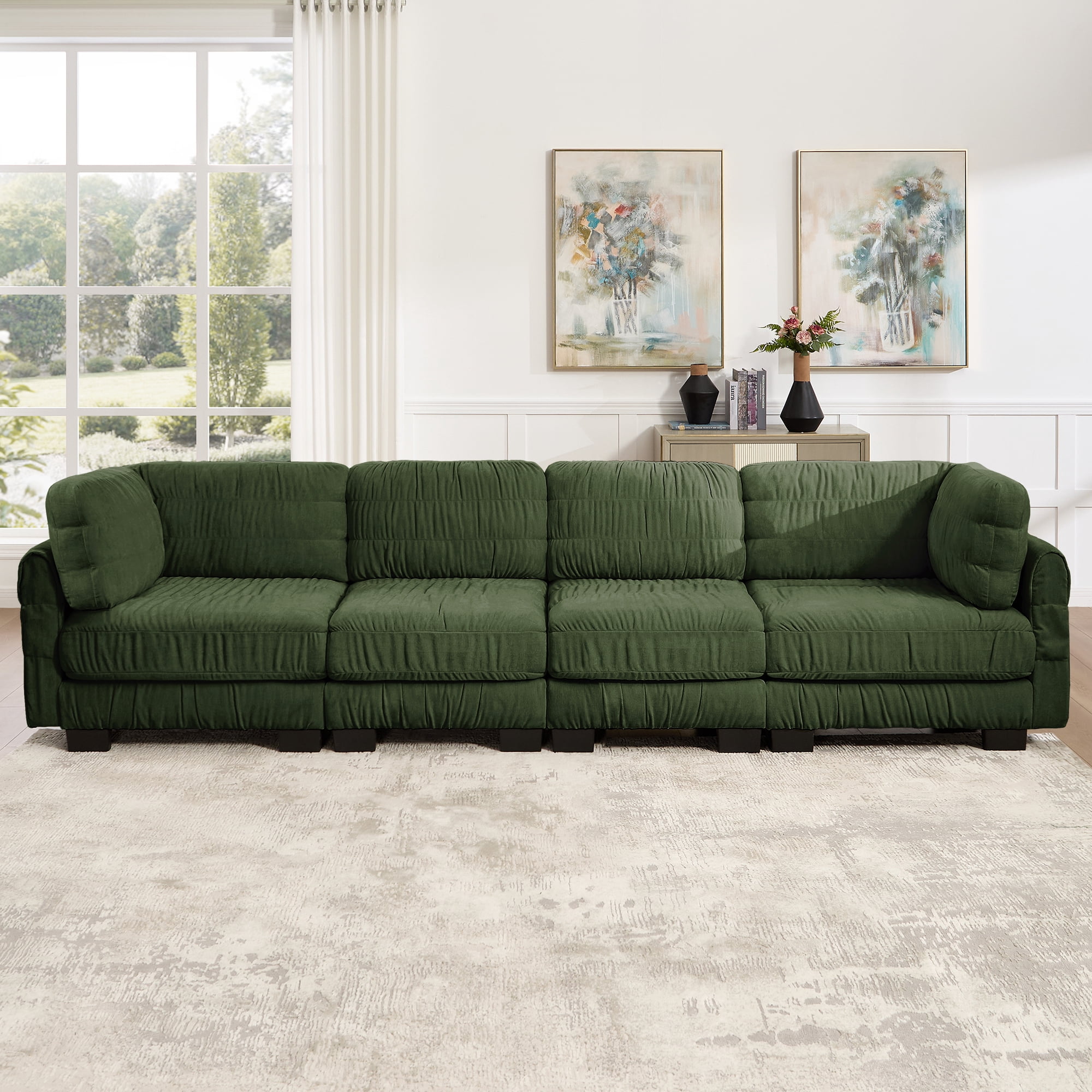 140" 4 Seat Ruched Chenille Modular Sectional Sofa with L Shape Back Cushions,Easy Assembly