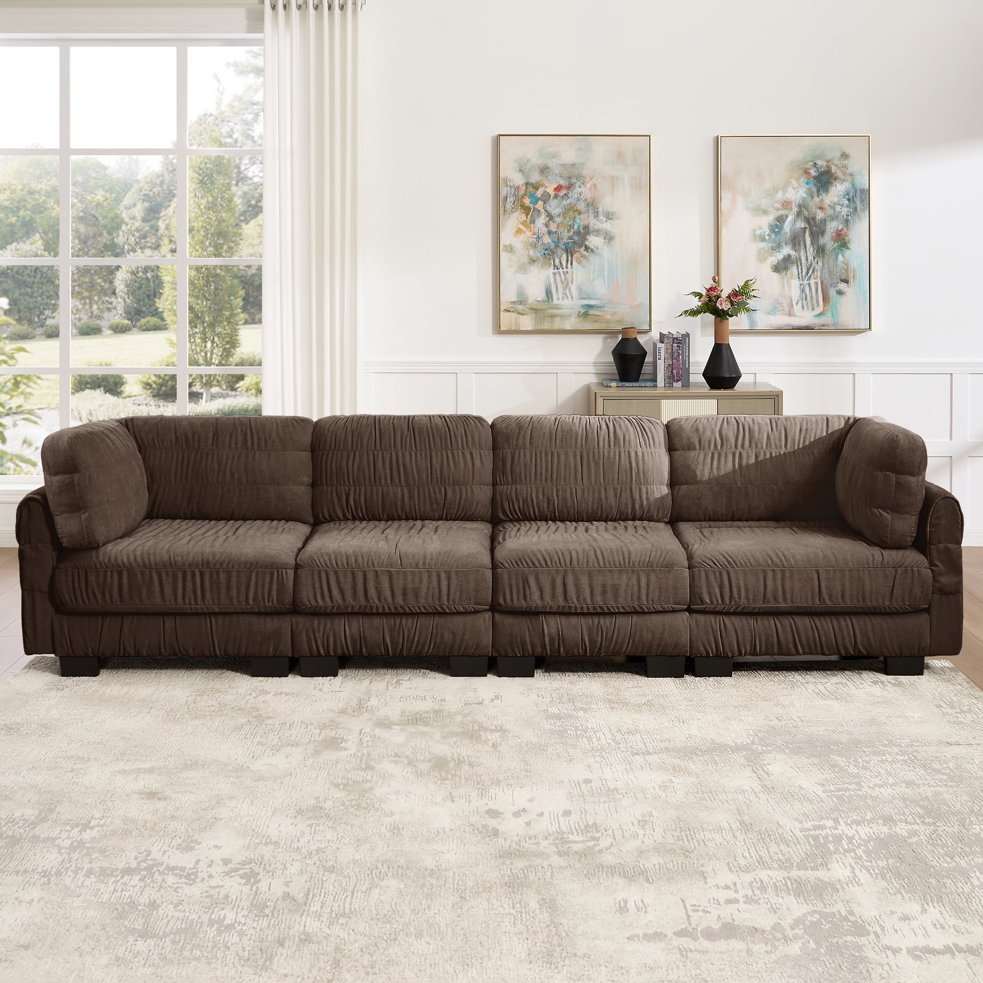 140" 4 Seat Ruched Chenille Modular Sectional Sofa with L Shape Back Cushions,Easy Assembly