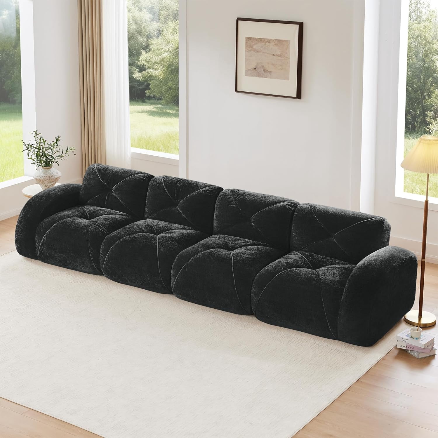 140.9'' Plush Comfy Cloud Couch in Velvet Fabric, Boneless Couch Loveseat for Small Spaces, Black