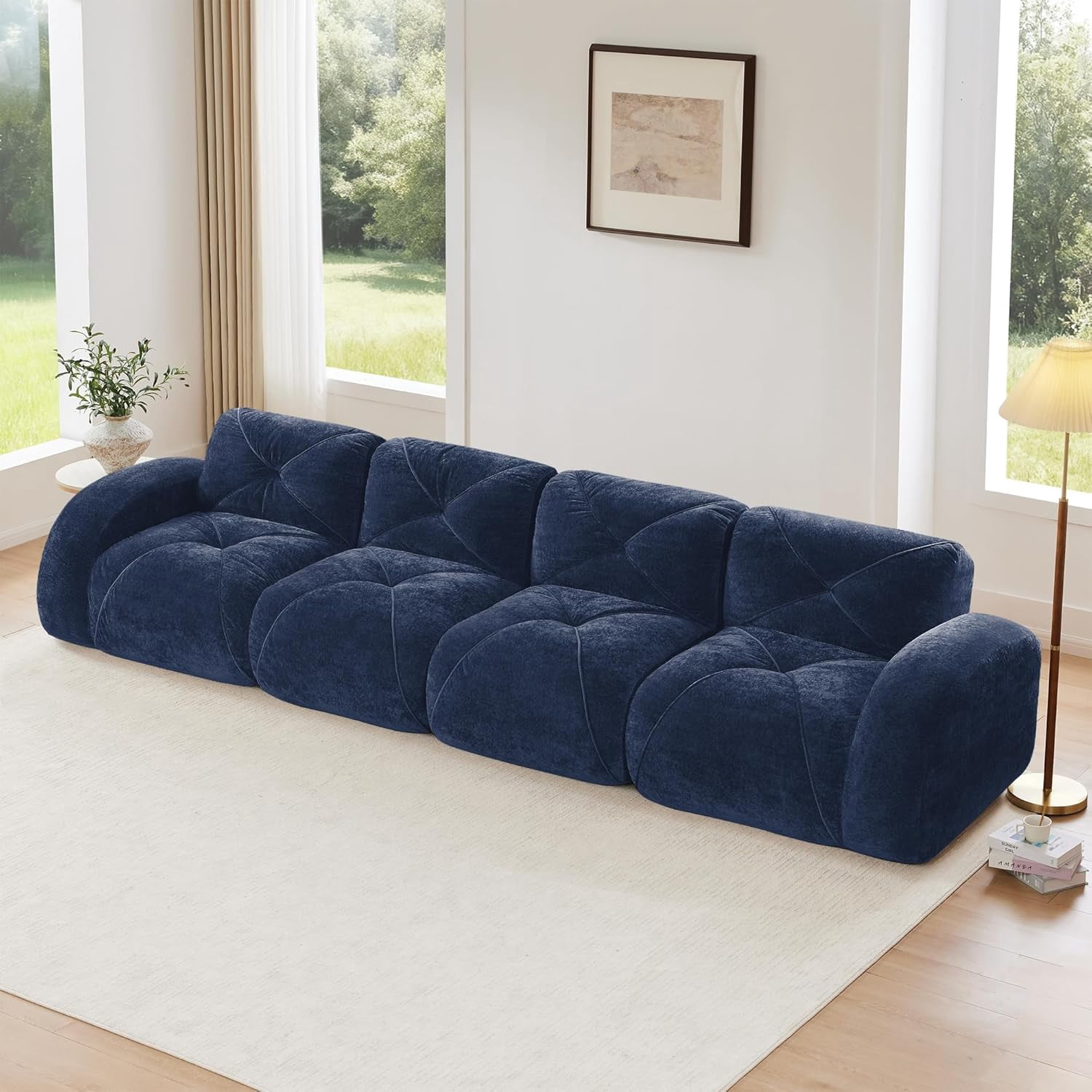 140.9'' Plush Comfy Cloud Couch in Velvet Fabric, Boneless Couch Loveseat for Small Spaces, Blue