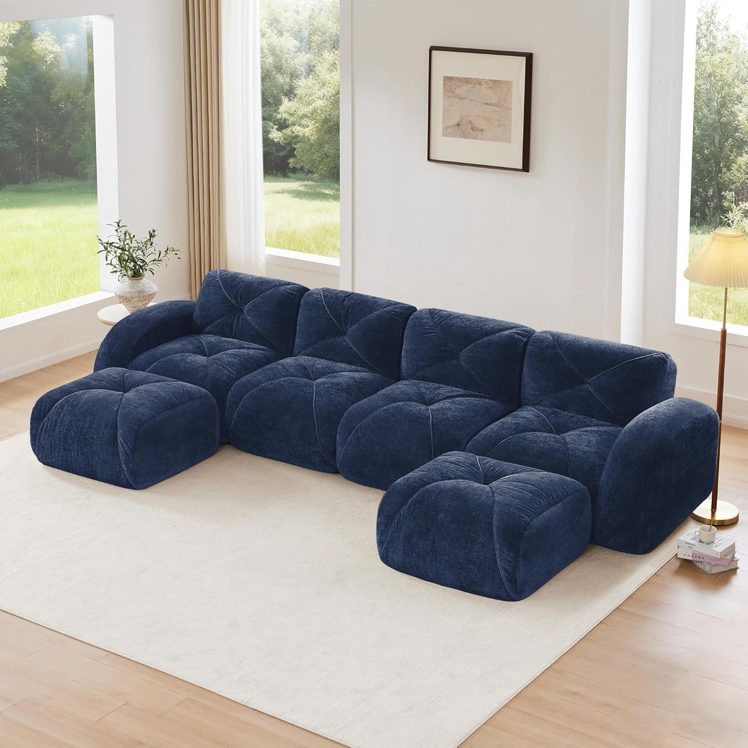 140.9'' Plush Comfy Cloud Couch in Velvet Fabric, Boneless Couch Loveseat for Small Spaces, Blue