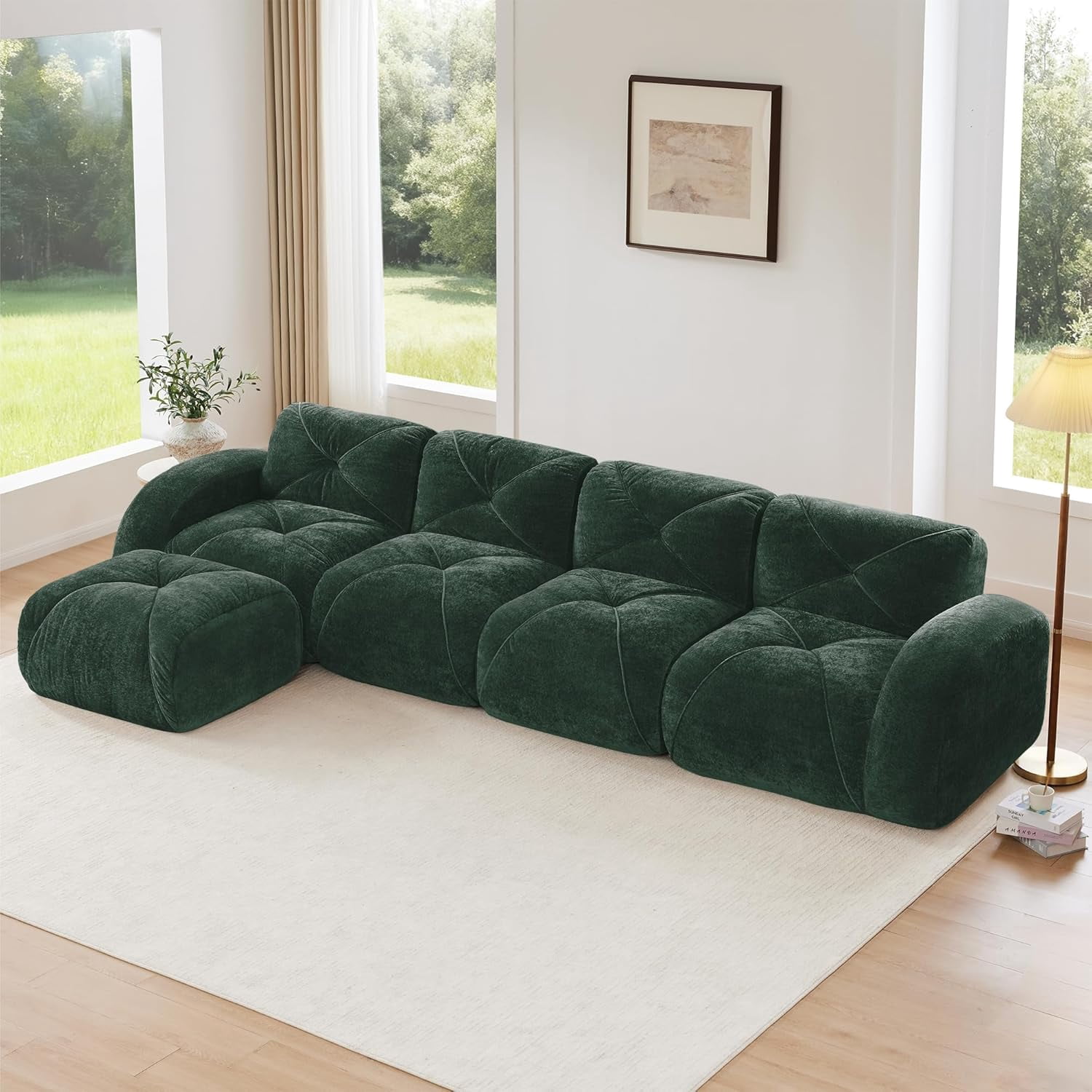 140.9'' Plush Comfy Cloud Couch in Velvet Fabric, Boneless Couch Loveseat for Small Spaces, Green